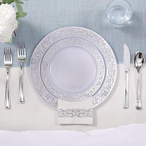 175 Piece Silver Dinnerware Set 25 Guest-50 Silver Lace Plastic Plates-25 Silver Plastic Silverware-25 Silver Plastic Cups-25 Linen Like Silver Paper Napkins, FOCUSLINE Disposable Dinnerware Set