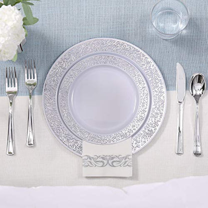 175 Piece Silver Dinnerware Set 25 Guest-50 Silver Lace Plastic Plates-25 Silver Plastic Silverware-25 Silver Plastic Cups-25 Linen Like Silver Paper Napkins, FOCUSLINE Disposable Dinnerware Set