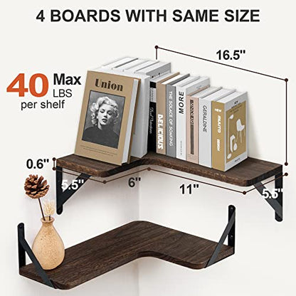 Marsmiles Corner Floating Shelves, Corner Wall Shelves Set of 4, Wall Mounted Corner Storage Display Shelving for Bathroom, Bedroom, Living Room, Kitchen, 16" W x 11-2/5" D, L-Shaped, Rustic Brown