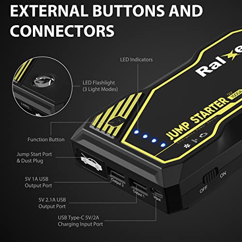 RALXER 1000A Peak Portable Car Jump Starter (Up to 7.0L Gas or 5.5L Diesel Engine), Jump Starter Battery Pack 12V Battery Jump Starters with LED Light