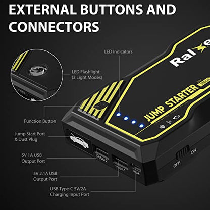 RALXER 1000A Peak Portable Car Jump Starter (Up to 7.0L Gas or 5.5L Diesel Engine), Jump Starter Battery Pack 12V Battery Jump Starters with LED Light