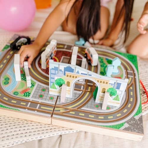Melissa & Doug 18-Piece Wooden Take-Along Tabletop Town, 4 Rescue Vehicles, Play Pieces, Bridge