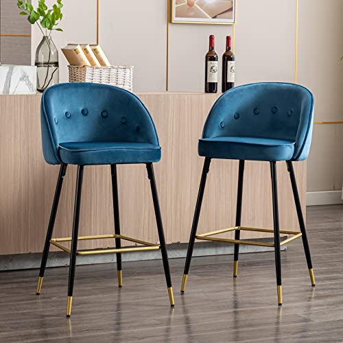 Guyou 30Inch Blue Velvet Bar Stools Set of 4 with Tufted Round Back, Modern Upholstered Kitchen Island High Chairs Barstools with Gold Footrest for Dining Room Kitchen Home Party