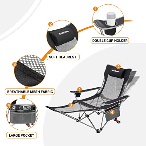 FUNDANGO 2-Pack Reclining Camping Chair with Foot Rest, Portable Mesh Folding Lounge Chairs, Adjustable Chaise Lawn Chair with Headrest, Cup Holder, Storage Bag, for Outdoor Picnics BBQ