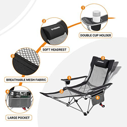 FUNDANGO 2-Pack Reclining Camping Chair with Foot Rest, Portable Mesh Folding Lounge Chairs, Adjustable Chaise Lawn Chair with Headrest, Cup Holder, Storage Bag, for Outdoor Picnics BBQ
