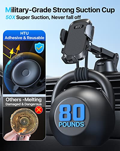 HTU 𝟮𝟬𝟮𝟯 𝐔𝐩𝐠𝐫𝐚𝐝𝐞𝐝 Cell Phone Holder for Car【Powerful Suction Cup Never Fall】 Universal Car Phone Holder Mount for Dashboard Windshield Air Vent Long Arm Cell Phone Car Mount Thick Case