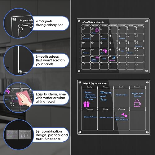 Acrylic Magnetic Calendar for Fridge Monthly & Weekly Dry Erase Board Magnetic Fridge Calendar, 2 Set Clear Reusable Planner Whiteboard Calendar 16"x12" with 6 Markers/Pen Holder/Eraser/Towel/Hook