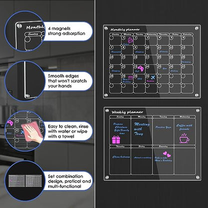 Acrylic Magnetic Calendar for Fridge Monthly & Weekly Dry Erase Board Magnetic Fridge Calendar, 2 Set Clear Reusable Planner Whiteboard Calendar 16"x12" with 6 Markers/Pen Holder/Eraser/Towel/Hook