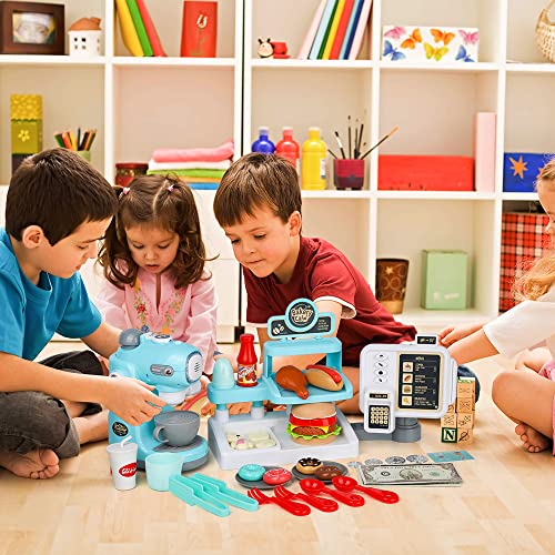 YWTC Junior Kids Maker Coffee Play Set and Donuts, for Girls and Boys Toddlers Real Mini Barista Shop With Cash Register for Kids
