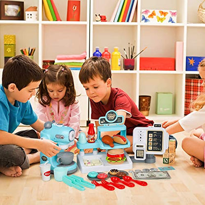 YWTC Junior Kids Maker Coffee Play Set and Donuts, for Girls and Boys Toddlers Real Mini Barista Shop With Cash Register for Kids