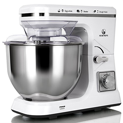 MURENKING Stand Mixer 5.3-Quart 500W,6+P Speed Tilt-Head Kitchen Electric Food Mixers Home Baking Dough Machine with Stainless Steel Bowl,Dough Hooks, Whisk, Beater, Pouring Shield (White)