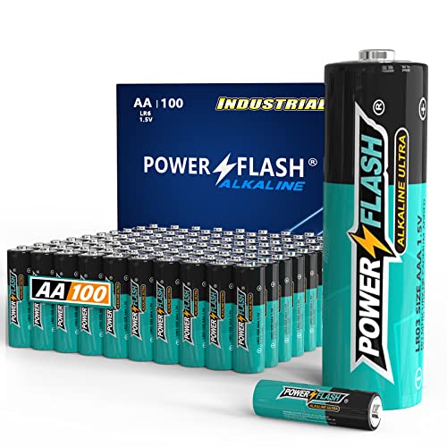 POWER FLASH AA Batteries with Fresh Date - 100 Count Industrial Pack - Ultra Long-Lasting Triple A Alkaline Battery (100 Count Pack)