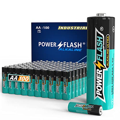 POWER FLASH AA Batteries with Fresh Date - 100 Count Industrial Pack - Ultra Long-Lasting Triple A Alkaline Battery (100 Count Pack)