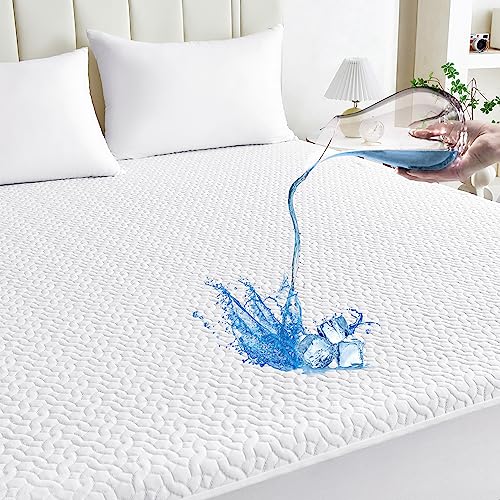 Mooreeke Premium 100% Waterproof Luxury Tencel Mattress Protector Twin Size Breathable Mattress Pad, Deep Pocket Fitted Mattress Cover Smooth Noiseless Softer Than Terry Cotton Bamboo Machine Washable