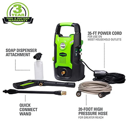 Greenworks 1600 PSI (1.2 GPM) Electric Pressure Washer (Ultra Compact / Lightweight / 20 FT Hose / 35 FT Power Cord) Great For Cars, Fences, Patios, Driveways