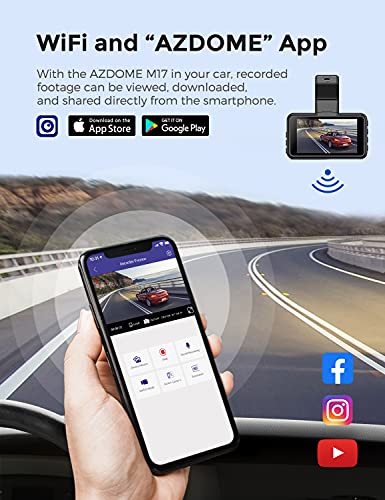 AZDOME M17 WiFi Dash Cam with APP 1080P FHD DVR Car Driving Recorder 3 Inch IPS Screen Dashboard Camera 150° Wide Angle, G-Sensor, Parking Monitor, Loop Recording, Super Night Vision