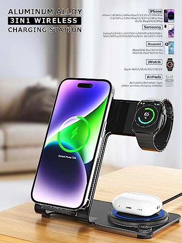 Wireless Charging Station,Aluminum Alloy 3 in 1 Wireless Charger Stand Fast Charging for iPhone 15/14/13/12/11/Pro/Max/XS/XR/X/8, iWatch 9/8/7/6/5/4/3/2/SE, Airpods Pro/3/2/1(Black)