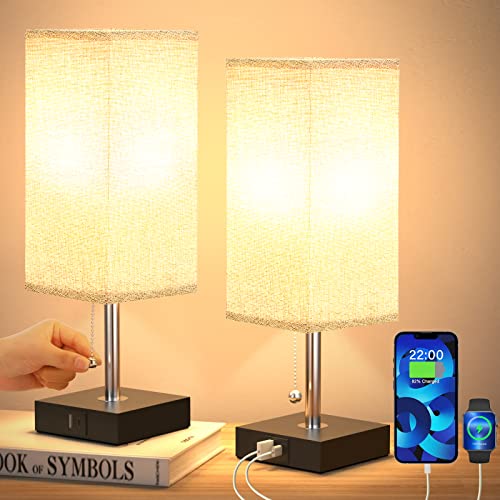 aooshine Bedside Lamps for Bedrooms Set of 2 - Table Lamps for Nightstand with USB Ports, Small Night Stand Light Lamp with Grey Fabric Shade for End Table Living Room Home Office (2 Pack)