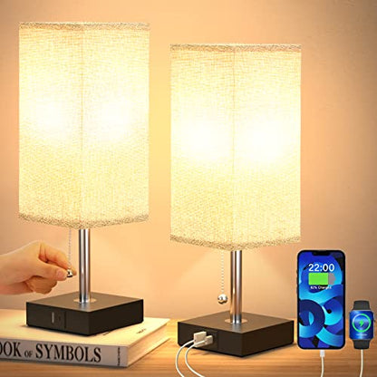 aooshine Bedside Lamps for Bedrooms Set of 2 - Table Lamps for Nightstand with USB Ports, Small Night Stand Light Lamp with Grey Fabric Shade for End Table Living Room Home Office (2 Pack)