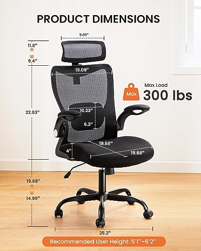 ErGear Ergonomic Desk Chair, Office Chair with 2'' Adjustable Lumbar Support, Computer Chair with Flip-Up Armrests & Headrest, High Back Office Desk Chair with 4'' Thicken Seat for Home Office, Black