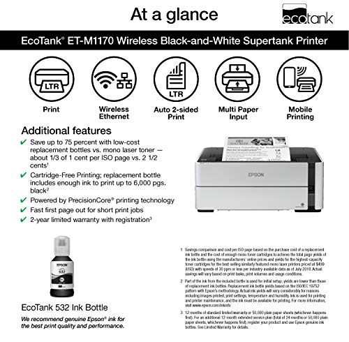 Epson EcoTank ET-M1170 Wireless Monochrome Supertank Printer with Ethernet PLUS 2 Years of Unlimited Ink*,White