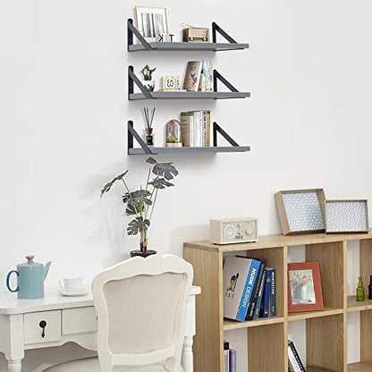 Fun Memories Floating Shelves for Wall Set of 3, Modern Grey Wall Mounted Shelves for Home Decor Storage, Floating Book Shelf Bathroom Shelf with Visible Bracket