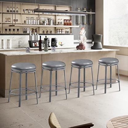 OUllUO Swivel Bar Stools Set of 2, 25 Inch Backless Counter Bar Height Stools, PU Leather Round Kitchen Counter Stools, Industrial Kitchen Island Stools with Metal Base, 520P-SGPU, Grey, 2Pcs