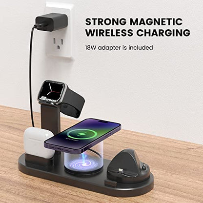 Magnetic Wireless Charger, 4 in 1 Wireless Charging Station Multiple Devices for Apple iPhone 15/15 Pro/15 Plus/15 Pro Max, 14,13,12 Pro/Max/Mini/Plus, AirPods, Apple Watch - Black
