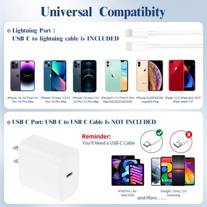 iPhone Charger Fast Charging [MFi Certified], 2Pack 20W PD USB C Wall Charger Block with 6FT Type-C to Lightning Cables Compatible with iPhone 14/13/ 12/11/ XS/XR/X/ 8 /iPad,White