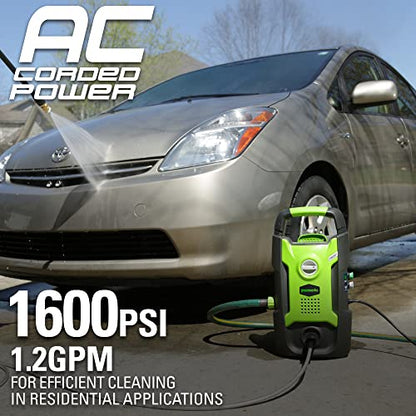 Greenworks 1600 PSI (1.2 GPM) Electric Pressure Washer (Ultra Compact / Lightweight / 20 FT Hose / 35 FT Power Cord) Great For Cars, Fences, Patios, Driveways