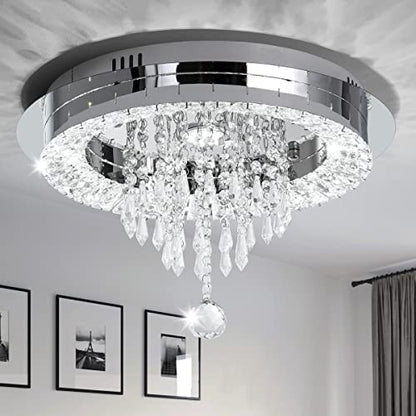 Sunny Hawaii Elegant Bead Crystal Chandelier, 16in Modern Led Indoor Ceiling Lamp, Flush Mount Ceiling Light Fixture for Kitchen Bathroom Bedroom Dining Room.