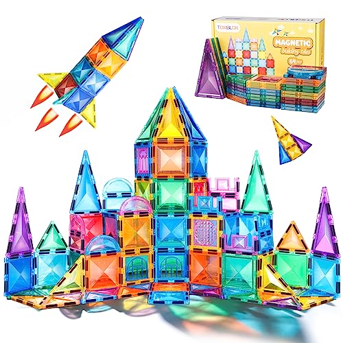 TOKBLOK Magnetic Tiles Kids Toys for 3 4 5 6 Years Old Boys & Girls, 64PCS Clear Diamond Magnet Building Blocks Set, STEM Preschool Learning Educational Toys for Toddler Birthday Gift