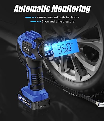 Avid Power Tire Inflator Air Compressor, 20V Cordless Car Tire Pump with Rechargeable Li-ion Battery, 12V Car Power Adapter, Digital Pressure Gauge, Portable Auto Air Pump for Many Inflatables (Blue)