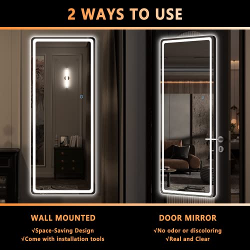 Hasipu Full Length Mirror with Lights, 44" x 16" LED Lighted Wall Mounted Mirror, Over The Door Hanging Mirror, Light Up Full Body Mirror, Long Dressing Mirror Black