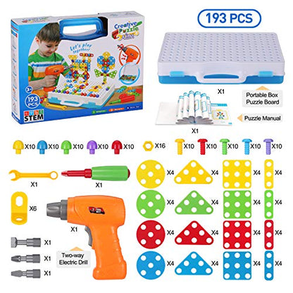 Haifeng 193 Pieces STEM Drill Toys Kit, DIY Creative Mosaic Drill Set for Kids, Construction Engineering Building Blocks Learning Kit for Ages 3-10 Years Old, Creative Games & Fun Activity