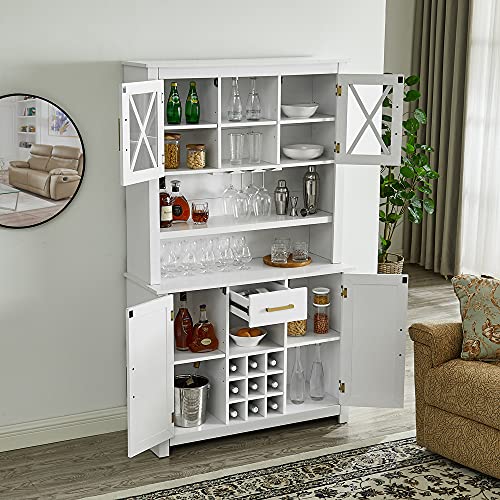 Home Source White Tall Cabinet with Glass Doors