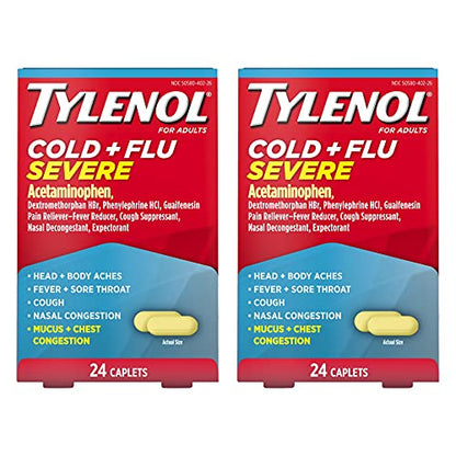 Tylenol Cold + Flu Severe Medicine Caplets for Cold & Flu Symptom Relief,Fever Reducer,Pain Reliever,Cough Suppressant,Nasal Decongestant & Expectorant with Acetaminophen,2 pks of 24 ct ea,48 ct