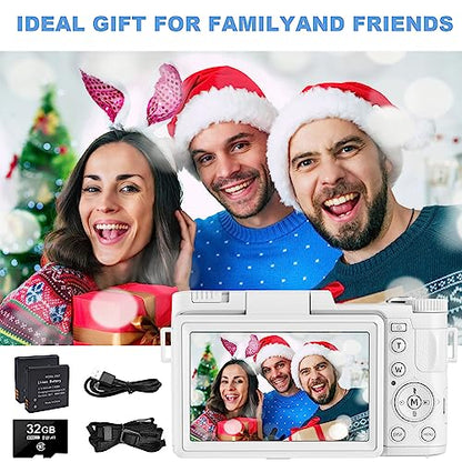 4K Digital Camera for Photography, Autofocus 48MP Vlogging Camera for YouTube with 16X Digital Zoom, White Camera, 3’’180°Flip Screen Compact Video Camera with Liftable Flash, SD Card&2 Batteries
