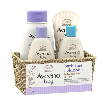 Aveeno Baby Bathtime Solutions Baby & Me Gift Set with Baby Wash & Shampoo, Calming Baby Bath & Wash, Baby Daily Moisturizing Lotion & Stress Relief Body Wash for Mom, Soap-Free, 4 items