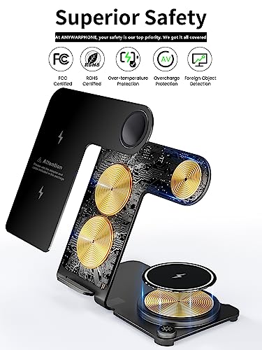 Wireless Charging Station,Aluminum Alloy 3 in 1 Wireless Charger Stand Fast Charging for iPhone 15/14/13/12/11/Pro/Max/XS/XR/X/8, iWatch 9/8/7/6/5/4/3/2/SE, Airpods Pro/3/2/1(Black)