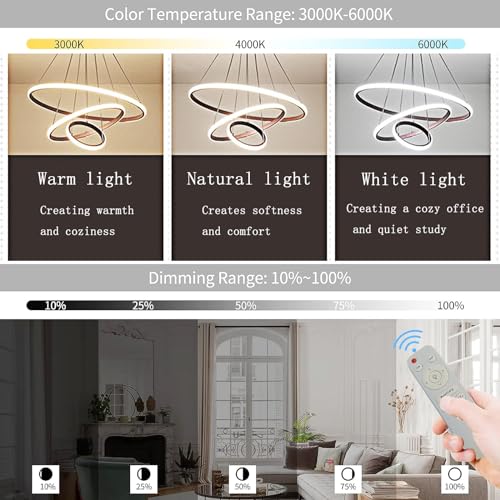My Precious Modern LED Chandelier, 3 Rings Chandelier with Remote Control, Dimmable Chandelier, High Ceiling Hanging Restaurant LED Chandelier for Bedroom