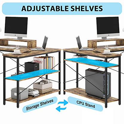 47 INCH L Shaped Computer Desk with Storage, Heavy Duty Home Office Desks with Monitor Stand, Corner Desk for Small Space Bedroom Study Writing Workstation PC Table, Easy to Assemble, Rustic Brown