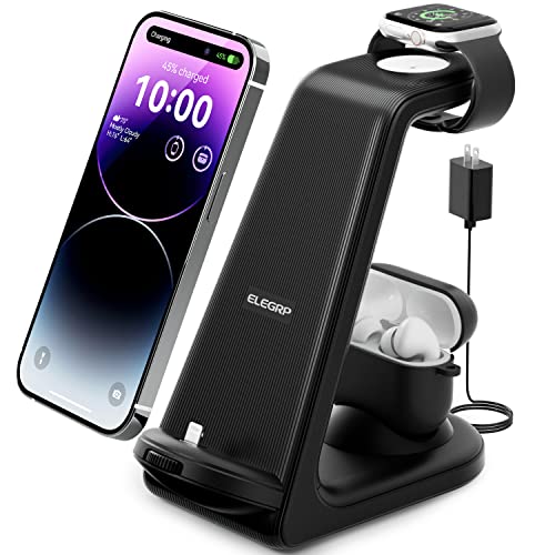 ELEGRP Charging Station for Apple Devices, Charging Stand for iPad Mini, iPhone 14/13/12/11, Airpods, Apple Watch, Charging Cable is Removable and Replaceable, LED, FCC (Black)
