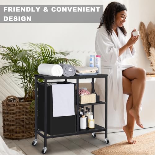 melos Laundry Hamper, Laundry Sorter with Three Shelf, Pull-Out Laundry Basket with Shelf, Laundry Basket Organizer Section with Removable Laundry Bags for Clothes, for Laundry Room,Black