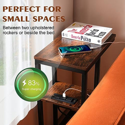 HXXUYY C End Table with Charging Station, Small Side Table for Small Spaces Bedside Table with with USB Ports&Outlets, Narrow Side Table Skinny Nightstand for Living Room/Bedroom/Couch