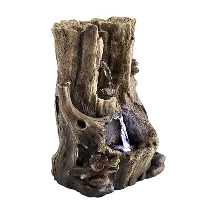 Alpine Corporation WIN326 Indoor Tabletop Light-Up Tiered Rainforest Tree Trunk Water Fountain with LED Lights, 11", Brown