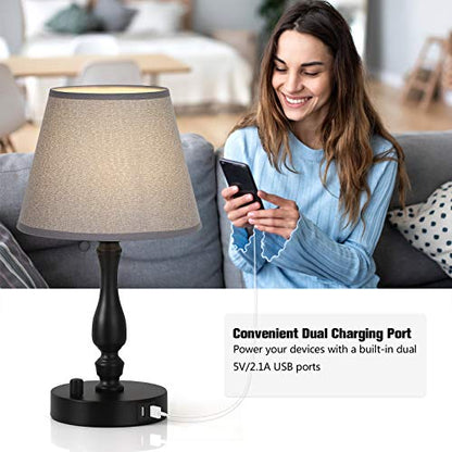 JS NOVA JUNS Set of 2 Table Lamps with 2 USB Charging Ports, Modern Bedside Nightstand Lamps for Bedroom Living Room Office College Dorm, Grey