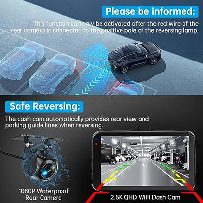 Dash Cam Front and Rear, Dash Camera for Cars WiFi/APP Control Dual Dashcam W/ 64GB Card, 2.5K Dash Cam Front+1080P Rear Car Camera W/Super Night Vision, Loop Recording, G-Sensor, Max Support 256GB