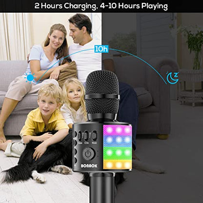 BONAOK Karaoke Microphone for Kids Adults Wireless Mic with Bluetooth Speaker Rechargeable Portable Handheld Echo Microphones with Disco Light for Party Home Outdoor Speaking Singing,Q37L (Black)