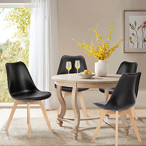 OLIXIS Dining Chairs Set of 4, Mid-Century Modern Dining Chairs with Wood Legs and PU Leather Cushion, Kitchen Chairs for Living Room Bedroom Outdoor Lounge, Black